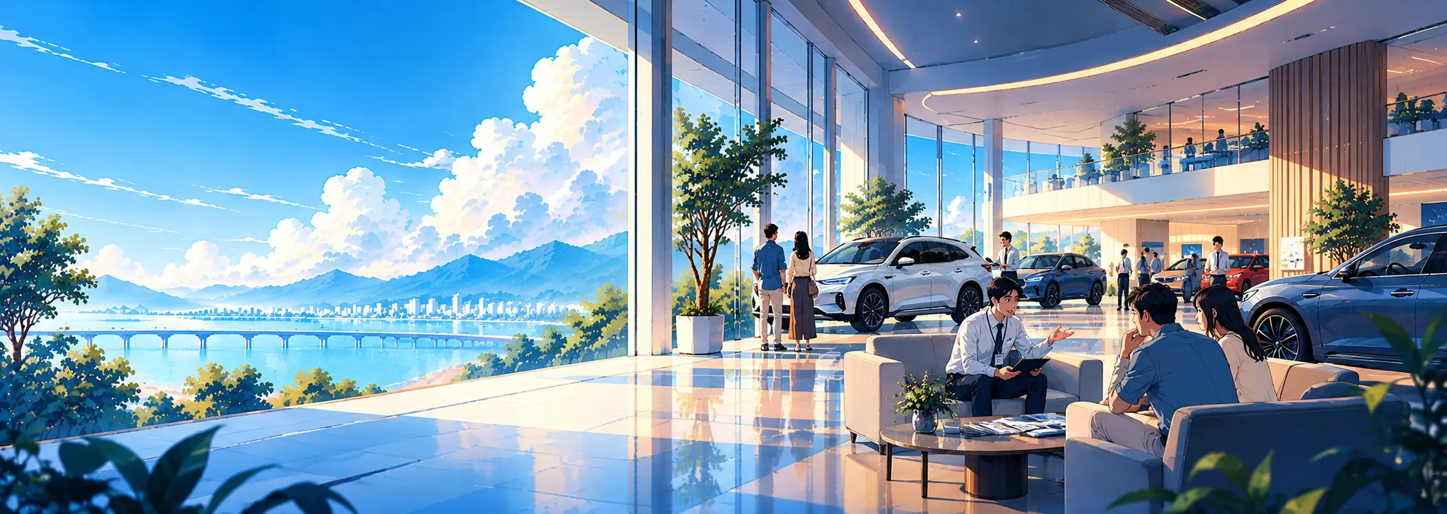 Modern automotive showroom with vehicles and sales consultations